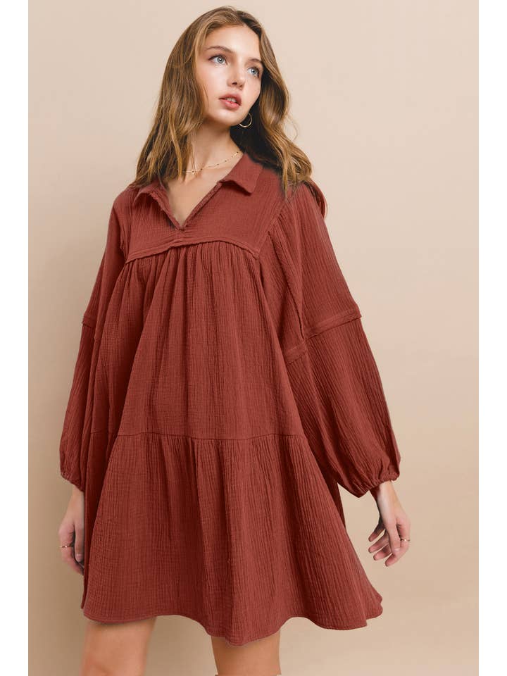 Ces Femme USA - Wholesale Dress - Women's - Long sleeve Collared Baby Doll Tiered Gauze Dress / DI5642