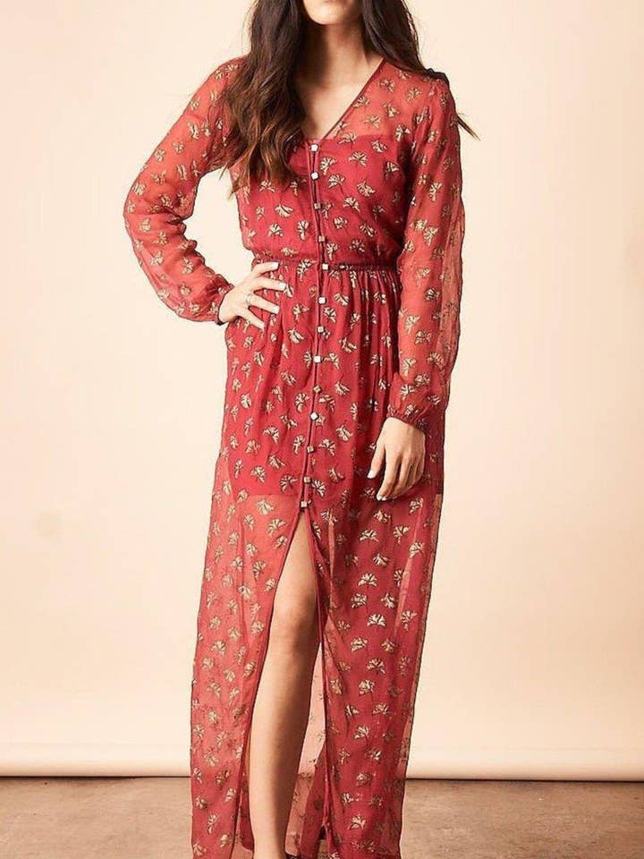 Ginkgo Leaf Maxi Button Down Dress in Magenta + Gold for wholesale by Symbology