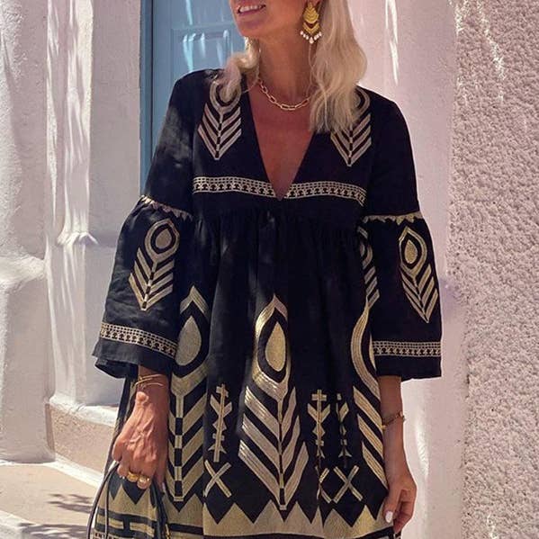 Loose Three-Quarter Sleeves Printed Split-Joint V-Neck Mini Dresses for wholesale by Plush Looks