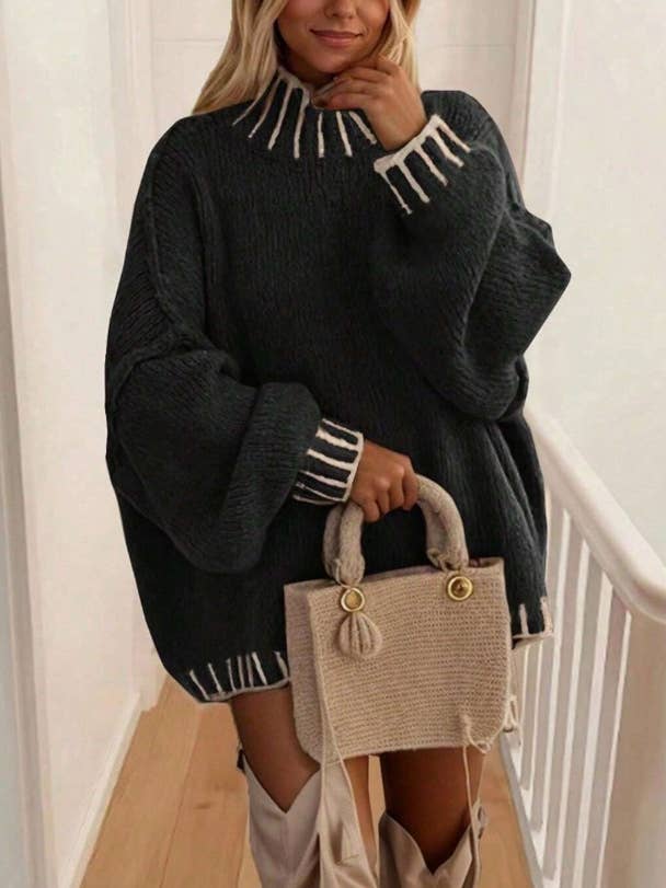 Turtleneck Contrast Trim Oversized Knit Jumper for wholesale by HIDDENBRAND