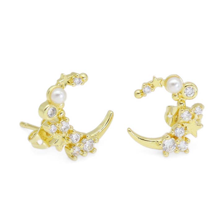 Pendientes de tuerca transparentes con perlas blancas con forma de luna creciente, azul #LX445 para venta al por mayor de BestBeads&Beyond