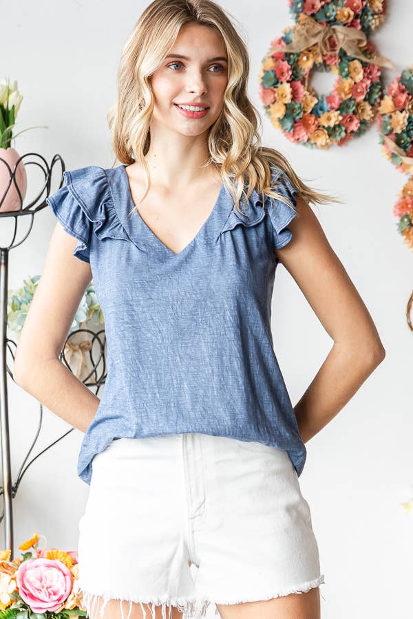 7th Ray - Vendita all'ingrosso Camicetta - Donna - Top a doppia balza a forma di V in misto cotone solido T547415