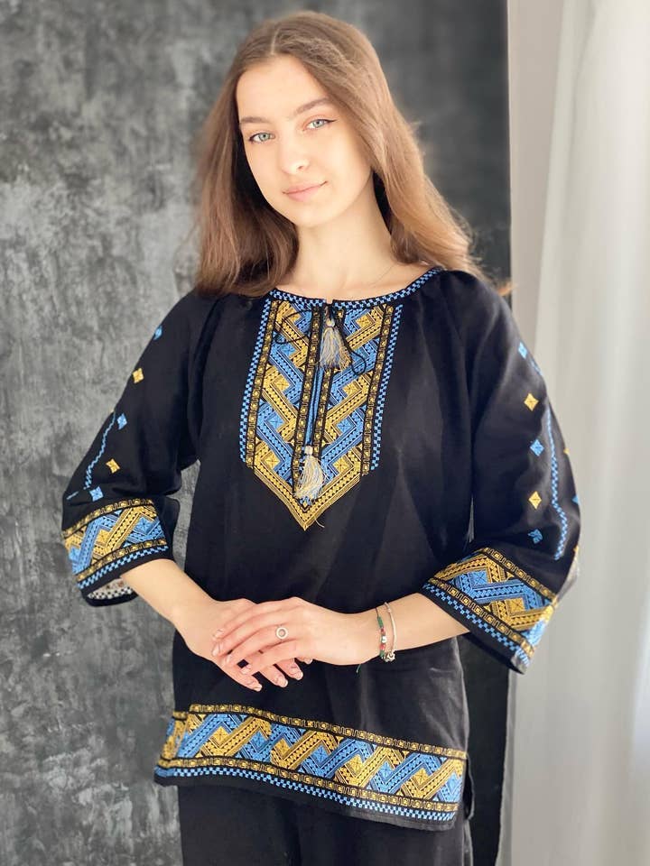 Women's Embroidered Boho Blouse Vyshyvanka Oksamyt Black for wholesale by Folkmoda