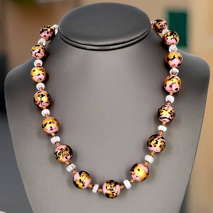 Pink Leopard Spot Italian Bead Necklace with Citrine, Garnet and Moonstone Beads - Sterling Silver Clasp for wholesale by Viktoria Simonë
