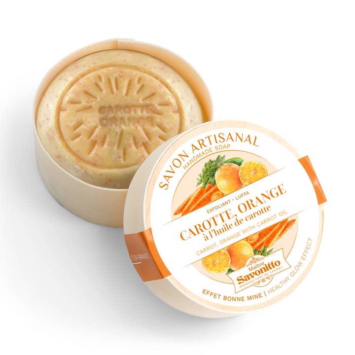 Jabón Zanahoria y Naranja + Exfoliante en Caja de Madera 100g para venta al por mayor de MAITRE SAVONITTO
