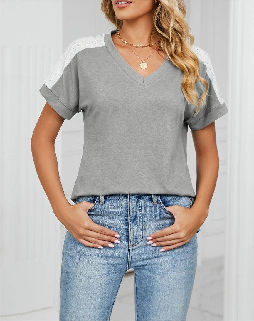 Rosa Clothing - Wholesale T-Shirt - Women's - Stylish contrast color loose short-sleeved t-shirt top9