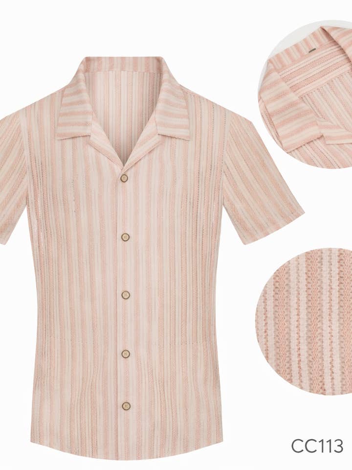 Camisa de manga curta com colarinho cubano em riscas cor-de-rosa por atacado de Perruzo