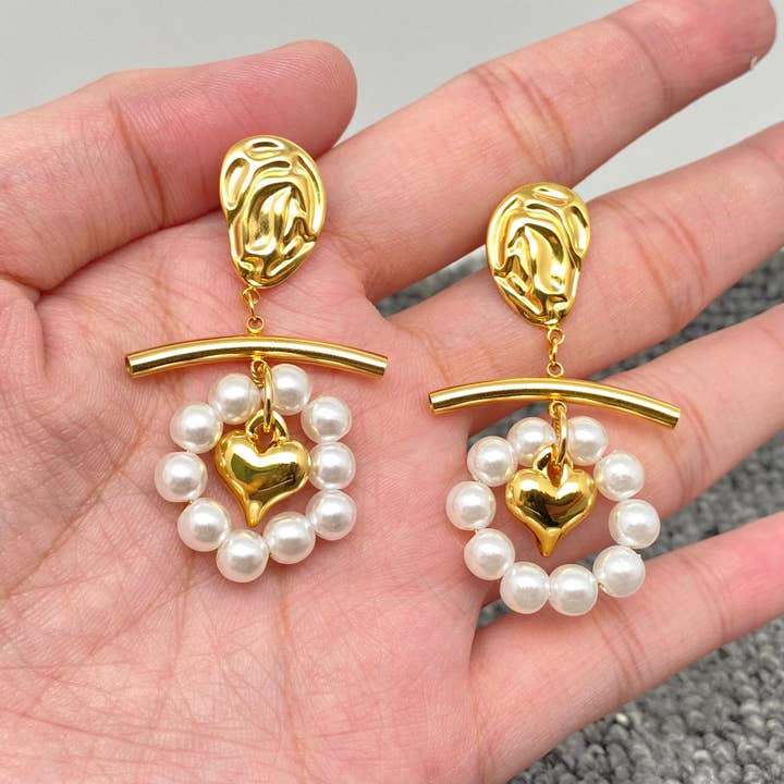 Perle & Hjerte Charm Mode 18K Forgyldt SS Øreringe -FGS for engroshandel hos Mio Queena