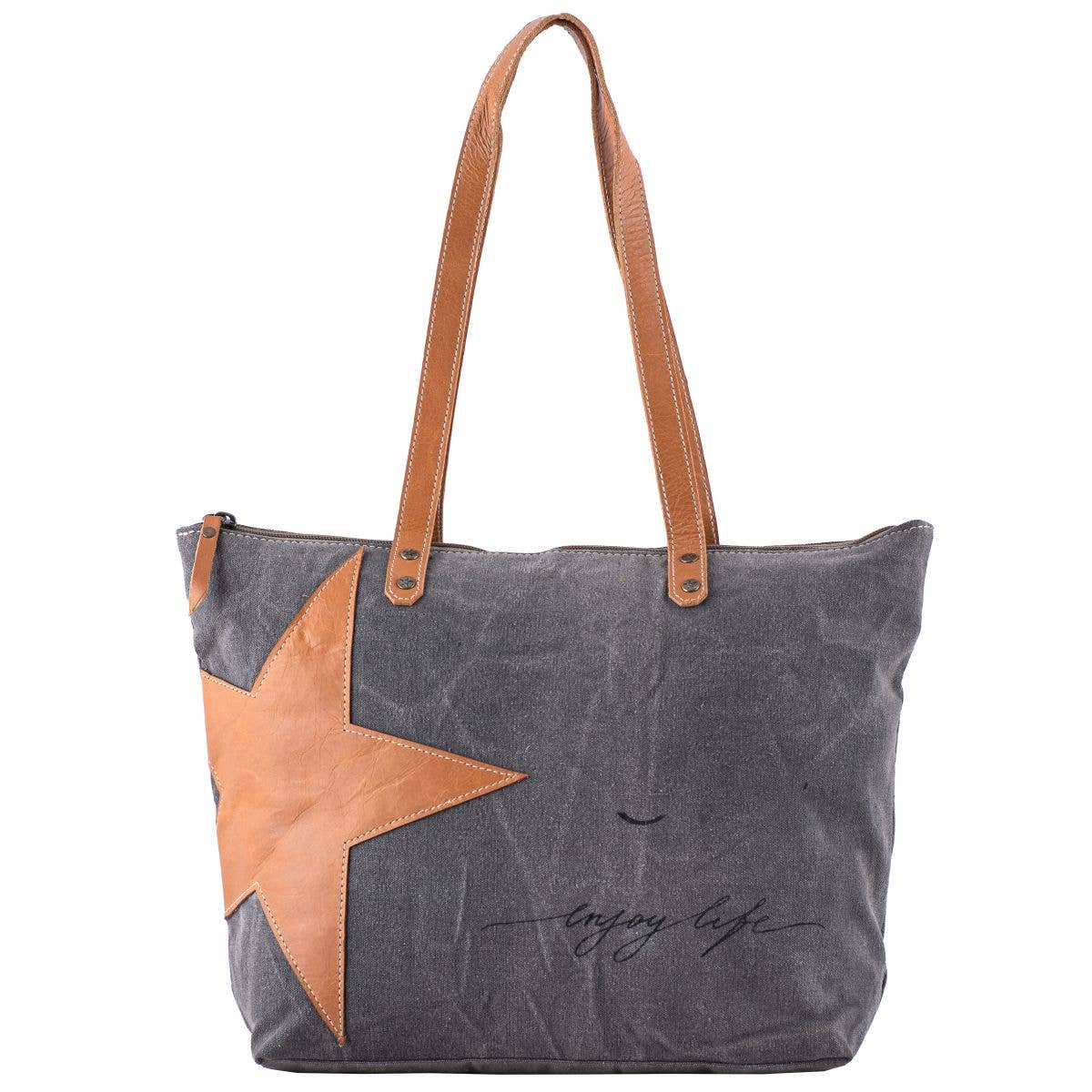 Sixtease Bags USA – Sacola - Mulher por atacado – Saco de Mão Feminino Canvas Leather Star -enjoy Life - Cinzento0