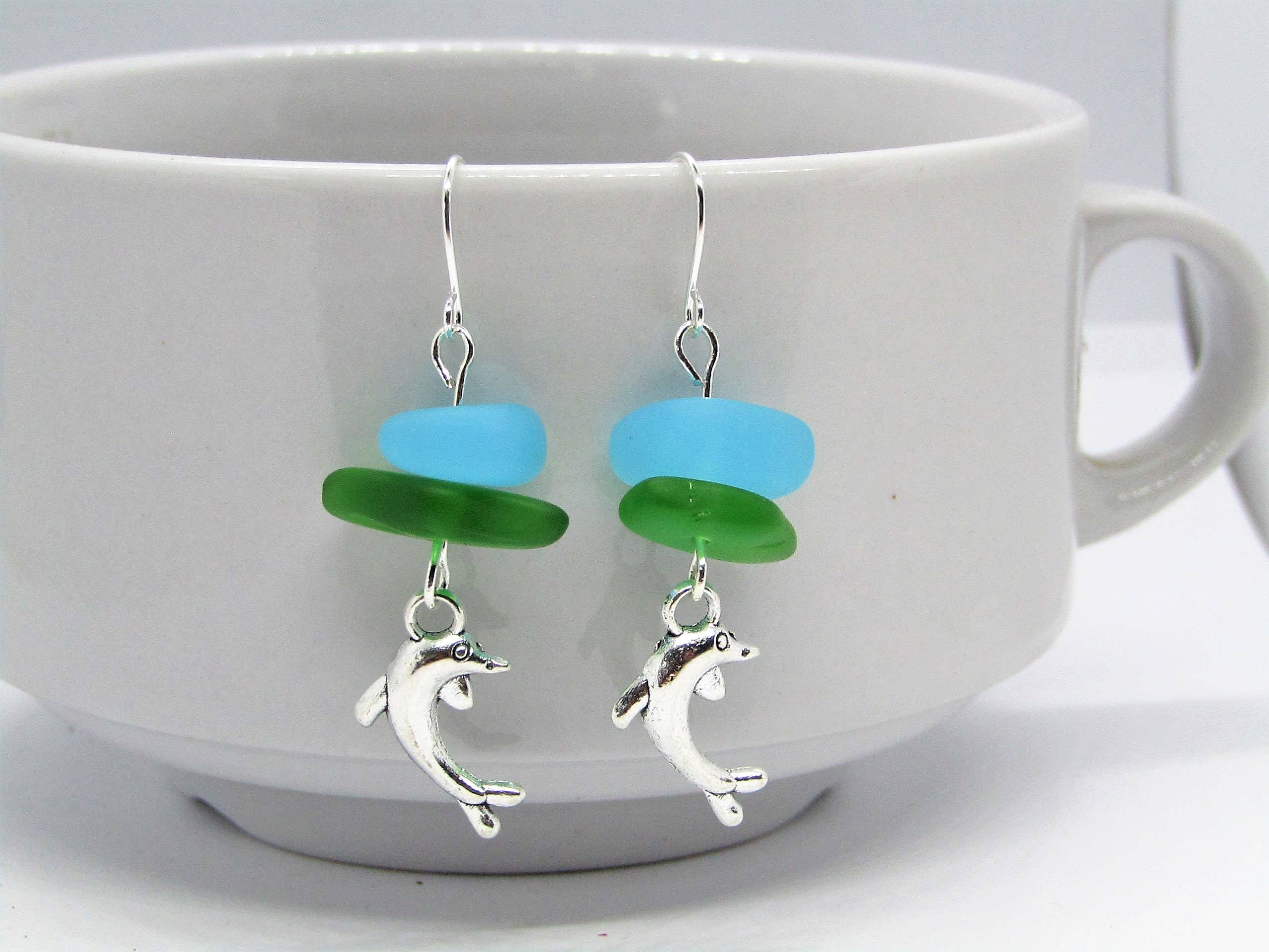 Bad Apple Designs - Wholesale Dangle Earrings - Sea Glass Dolphin Earrings: Sterling Silver, Beach Jewelry1