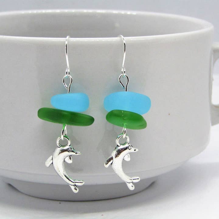 Bad Apple Designs - Wholesale Dangle Earrings - Sea Glass Dolphin Earrings: Sterling Silver, Beach Jewelry1