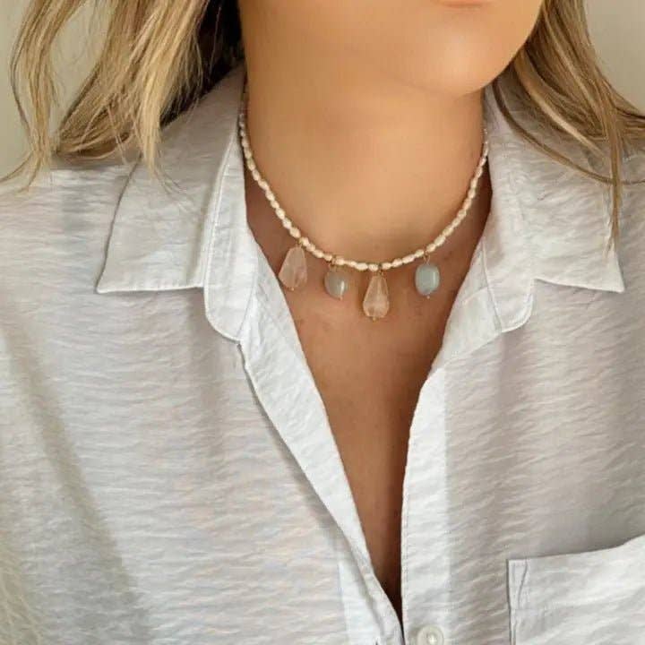OE! - Wholesale Beaded/Pearl Necklace - SPRING – Necklace with Aquamarine, Rose Quartz, and Pearls7