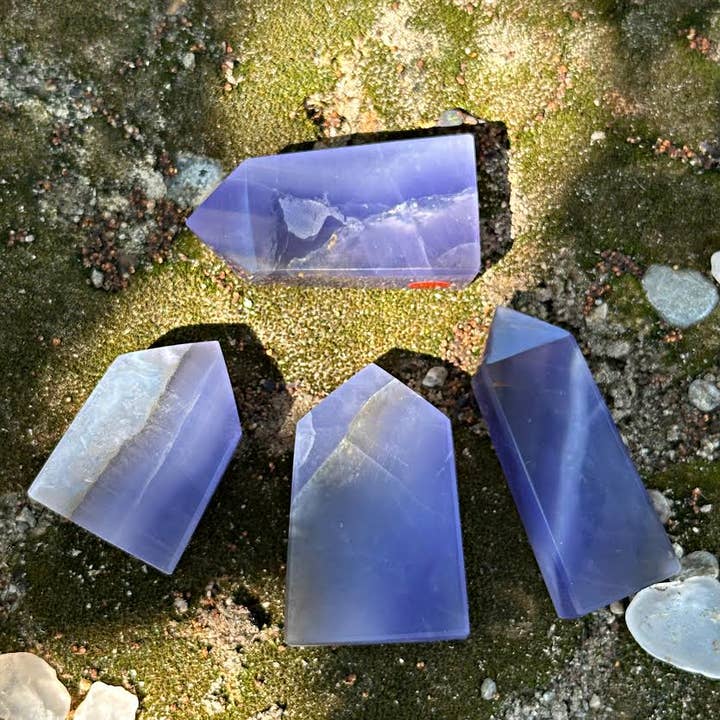 The Crystal Tabby - Wholesale Spiritual stone/crystal - Blue Purple Fluorite & Chalcedony Tower/Small Size