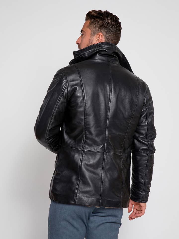 Sort Mænds Tiberius Premium lammeskind læder frakke med pels for engroshandel på Faire3