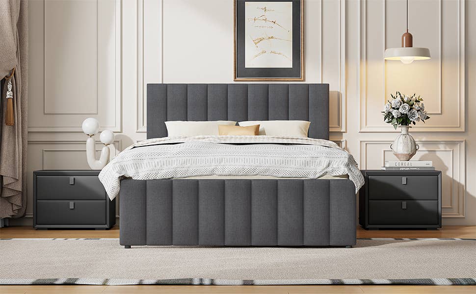Gray Upholstered Platform Bed with Trundle & 3 Drawers, Linen for wholesale on Faire14
