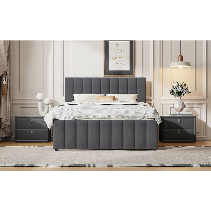 Gray Upholstered Platform Bed with Trundle & 3 Drawers, Linen for wholesale on Faire14