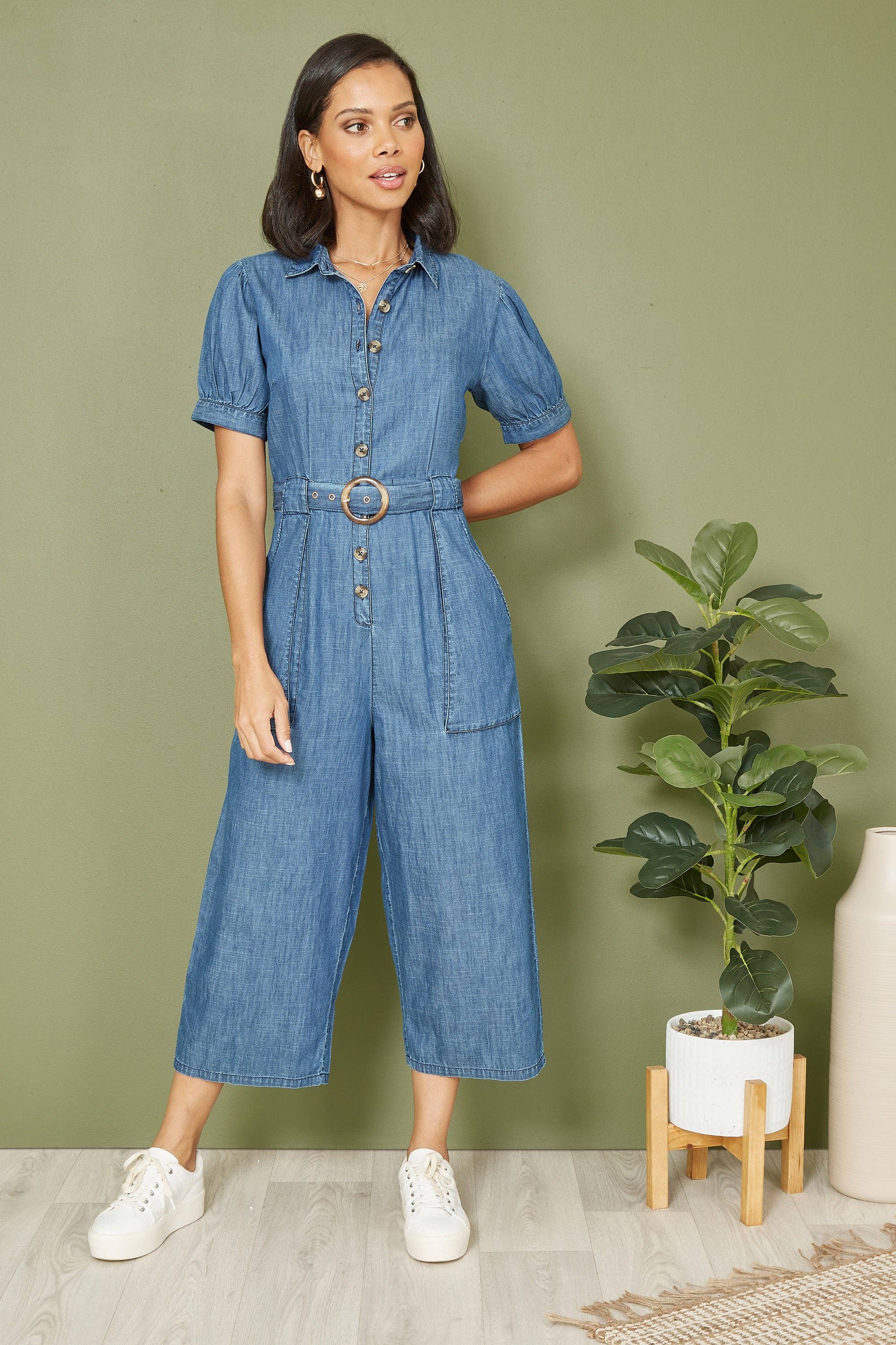 Yumi Blue Cotton Chambray Button Up Jumpsuit for wholesale on Faire3