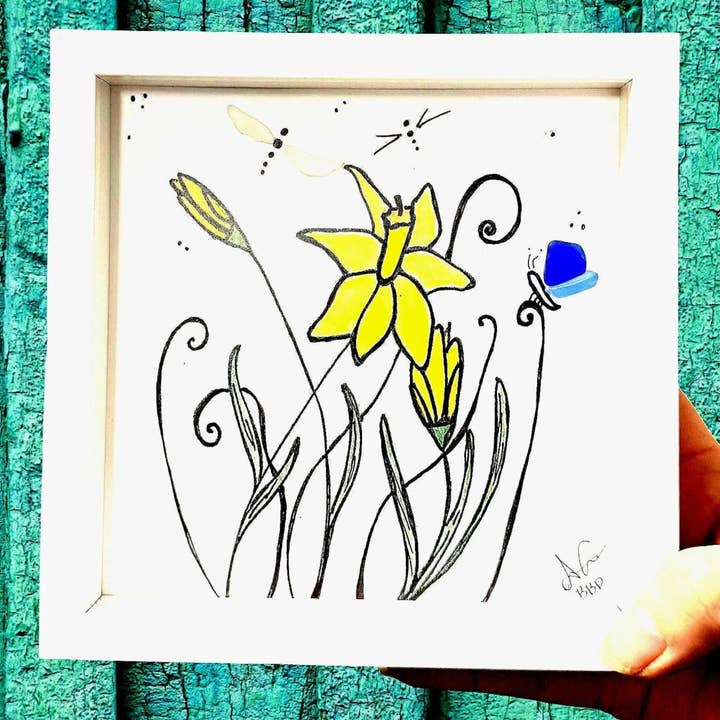 Daffodils Butterfly Dragonfly MINI - Sea Glass Art - 6x6 Framed for wholesale by Back Bay Designs