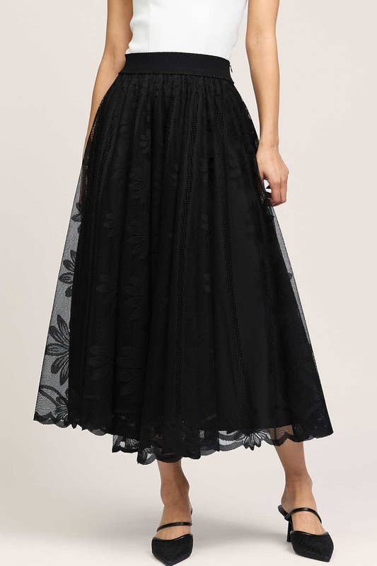 Current Air - Wholesale Skirt - Women's - Floral Embroidered Mesh Midi Skirt0