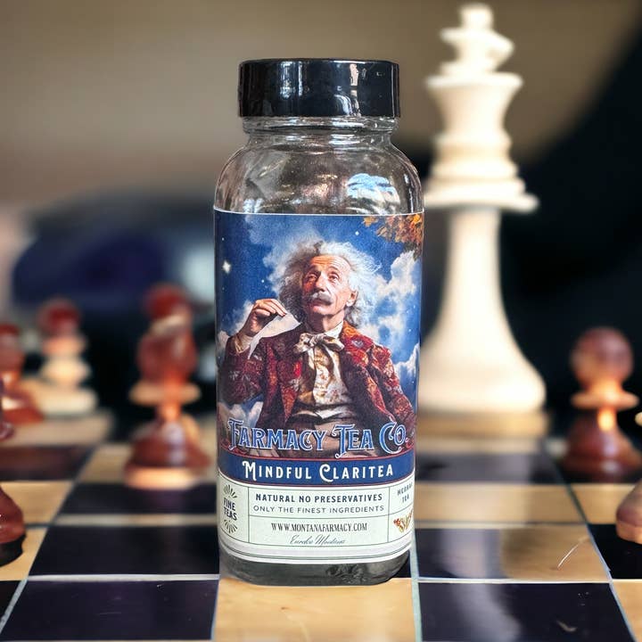 Mentale Klarheit Ein Einstein im Hinterkopf. Klarheit, geistiger Fokus, Tee für den Großhandel von Montana Farmacy