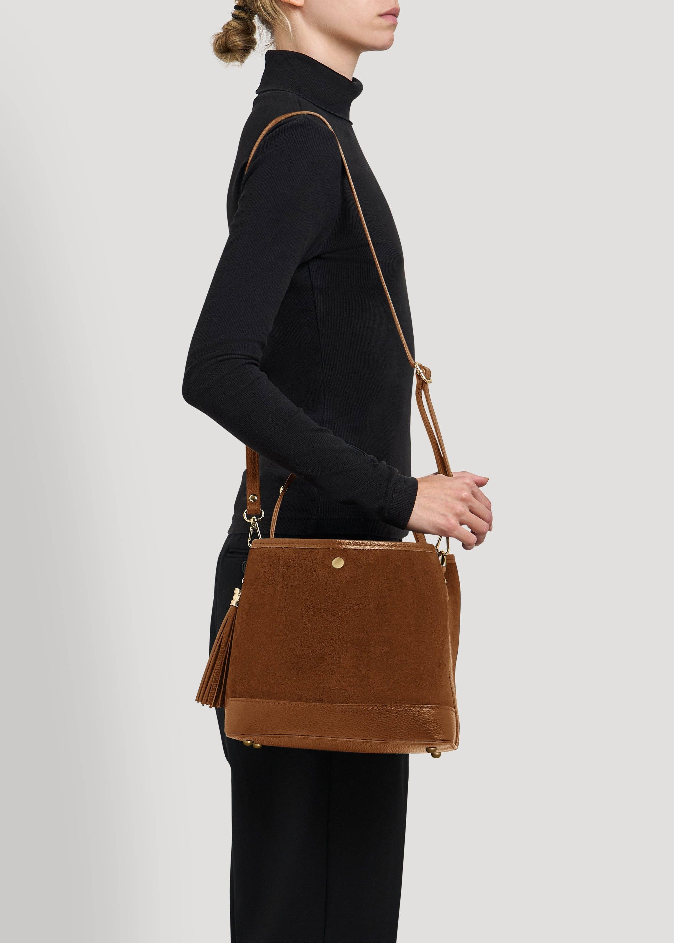 Voemièn – Mala com alça superior – Mulher por atacado – Kendy Bag em Camurça Castanha e Couro Dollar6