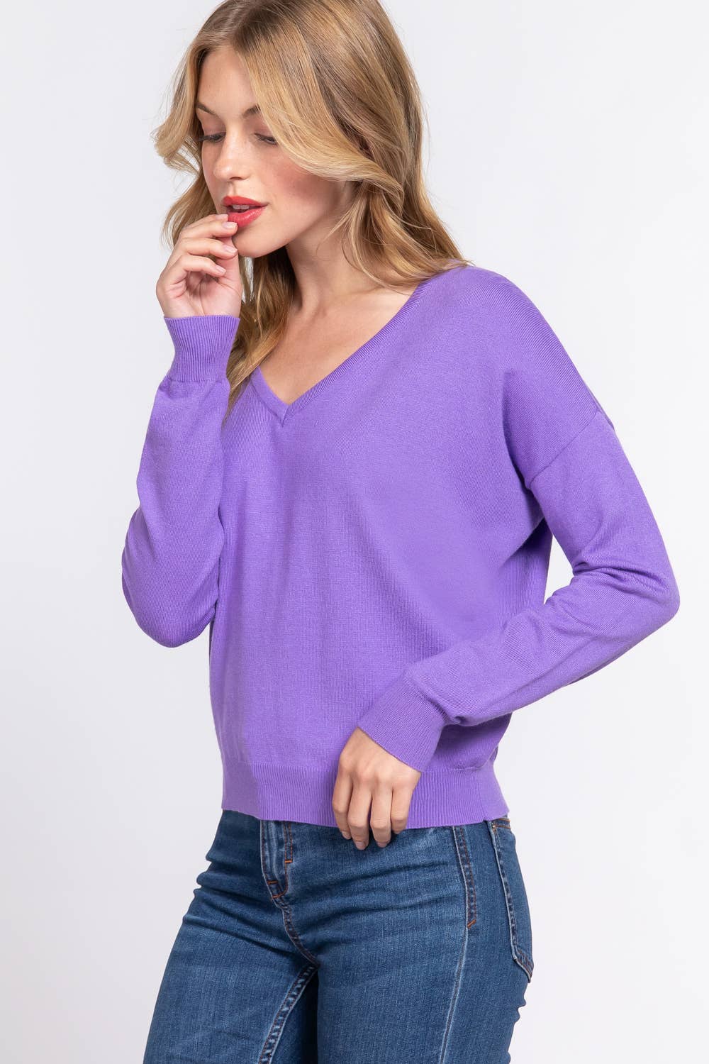 Active Basic | Active USA – Engroshandel Pullover - Dame – Viscose trøje med v-udskæring, lange ærmer og krydset rygrem