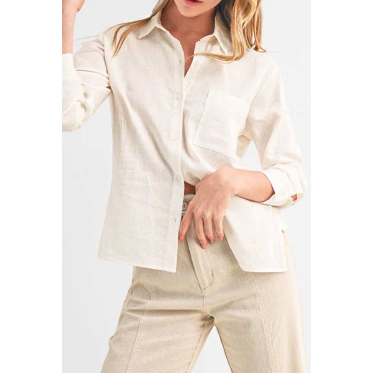 Timeless - Wholesale Button Down Shirt - Women's - LINEN LONG SLEEVE BUTTON DOWN SHIRT W SIDE SLITS4