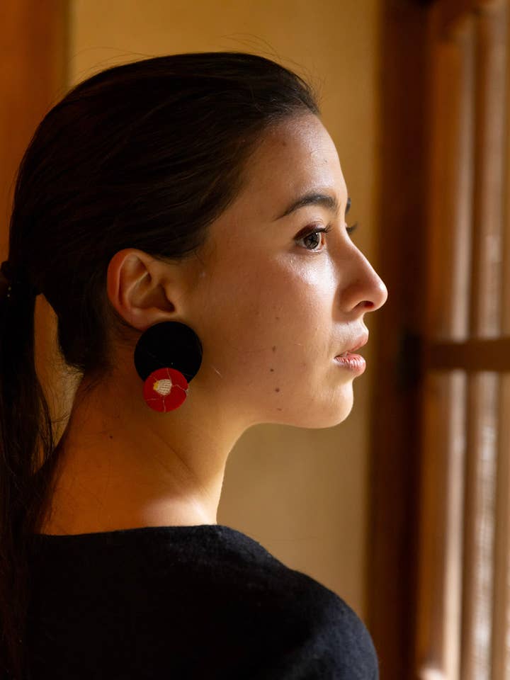 Kimono Fabric Earrings—TSUBAKI PATTERN—BLK-SMALL for wholesale by KOTO