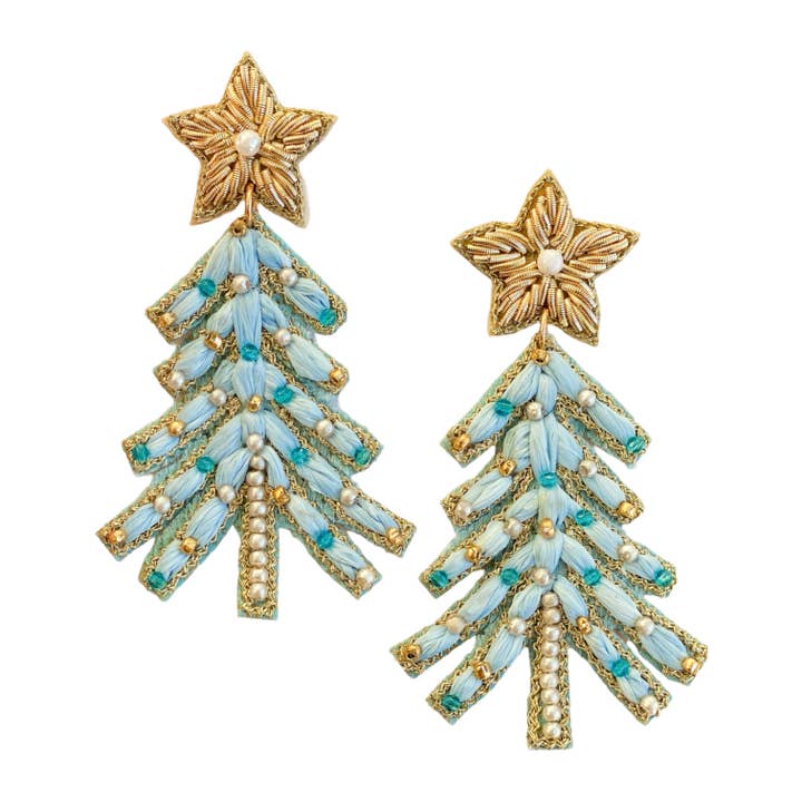 Blue Raffia Christmas Tree Earrings for wholesale by Gaby & Grace