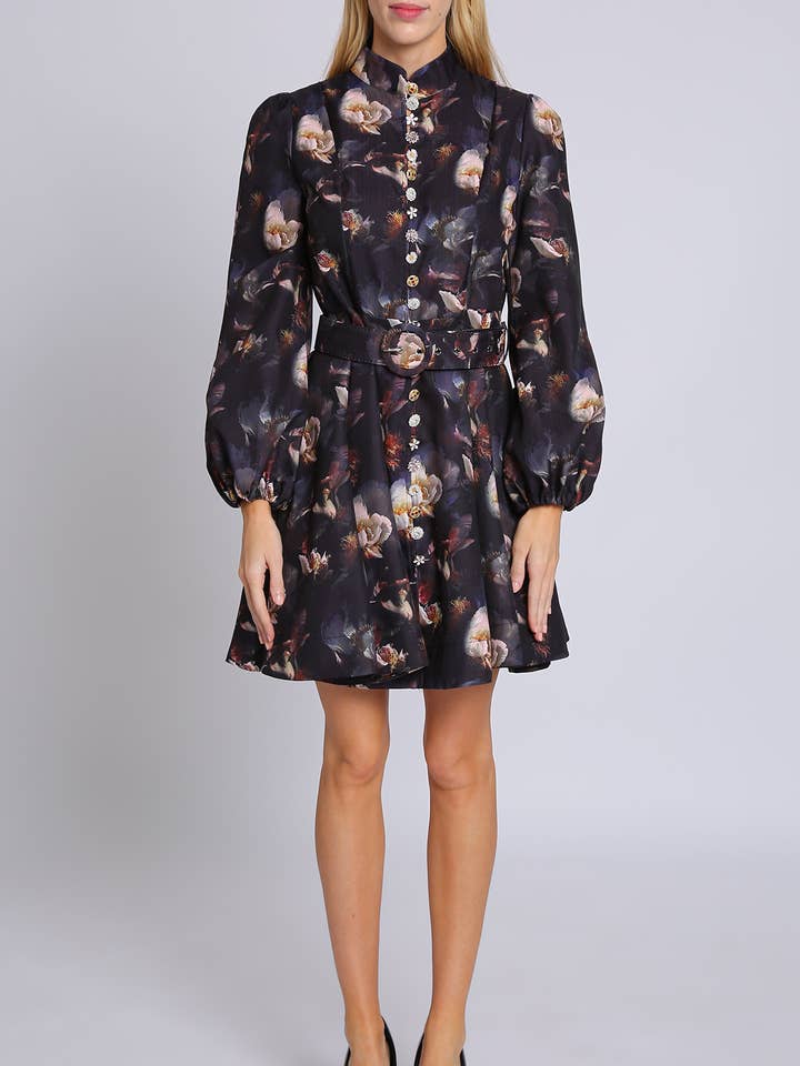 Black Floral Print Embellished Front Belted Mini Dress PC3542 for wholesale on Faire