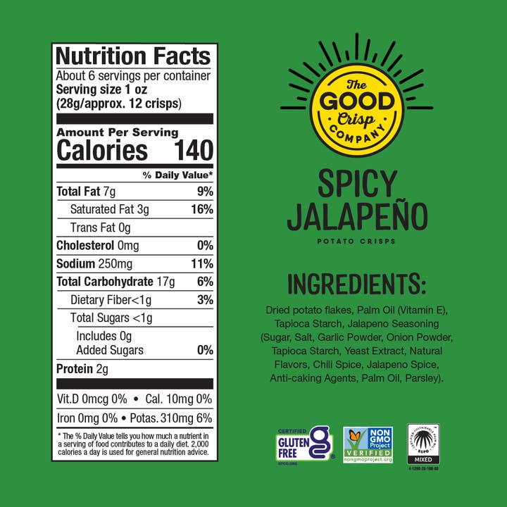 The Good Crisp Company - Wholesale Chips - Spicy Jalapeño Gluten Free Chips - 5.6oz Cans (Case of 8)2