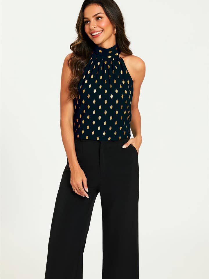 Haltertop met gouden folie en striksluiting in zwart voor wholesale door FS Collection