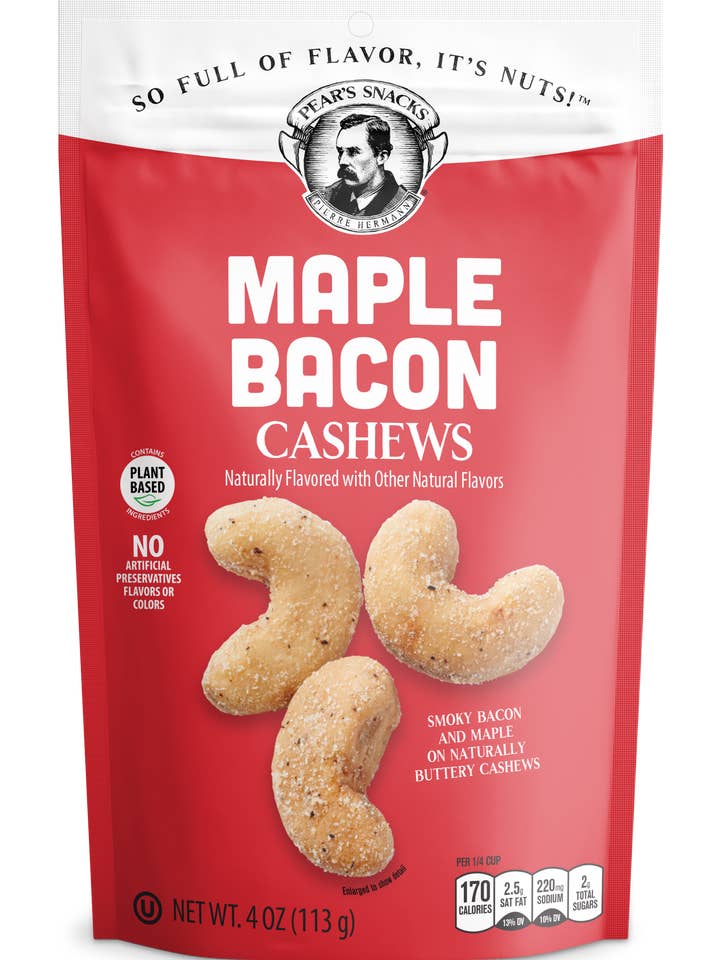 Maple Bacon Cashews (4oz x 6pk) for wholesale by Pear's Snacks