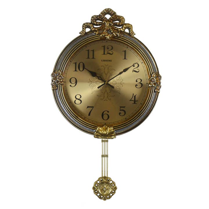 27 x 15 Gold & Silver Wall Clock With Pendulum for wholesale by Three Star IM/EX Inc.
