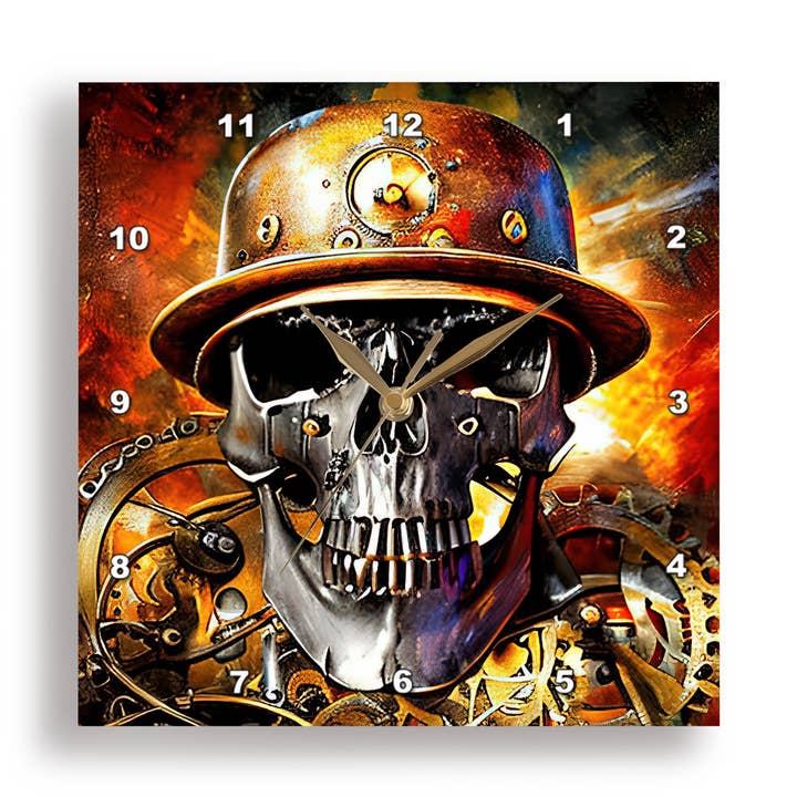 3dRose - Wholesale Wall Clock - 3dRose, Fantasy skull in metal helmet. Mechanical gear. machine composition, Wall Clock0