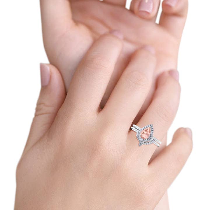 Two Piece Teardrop Engagement Ring Simulated Morganite CZ for wholesale on Faire