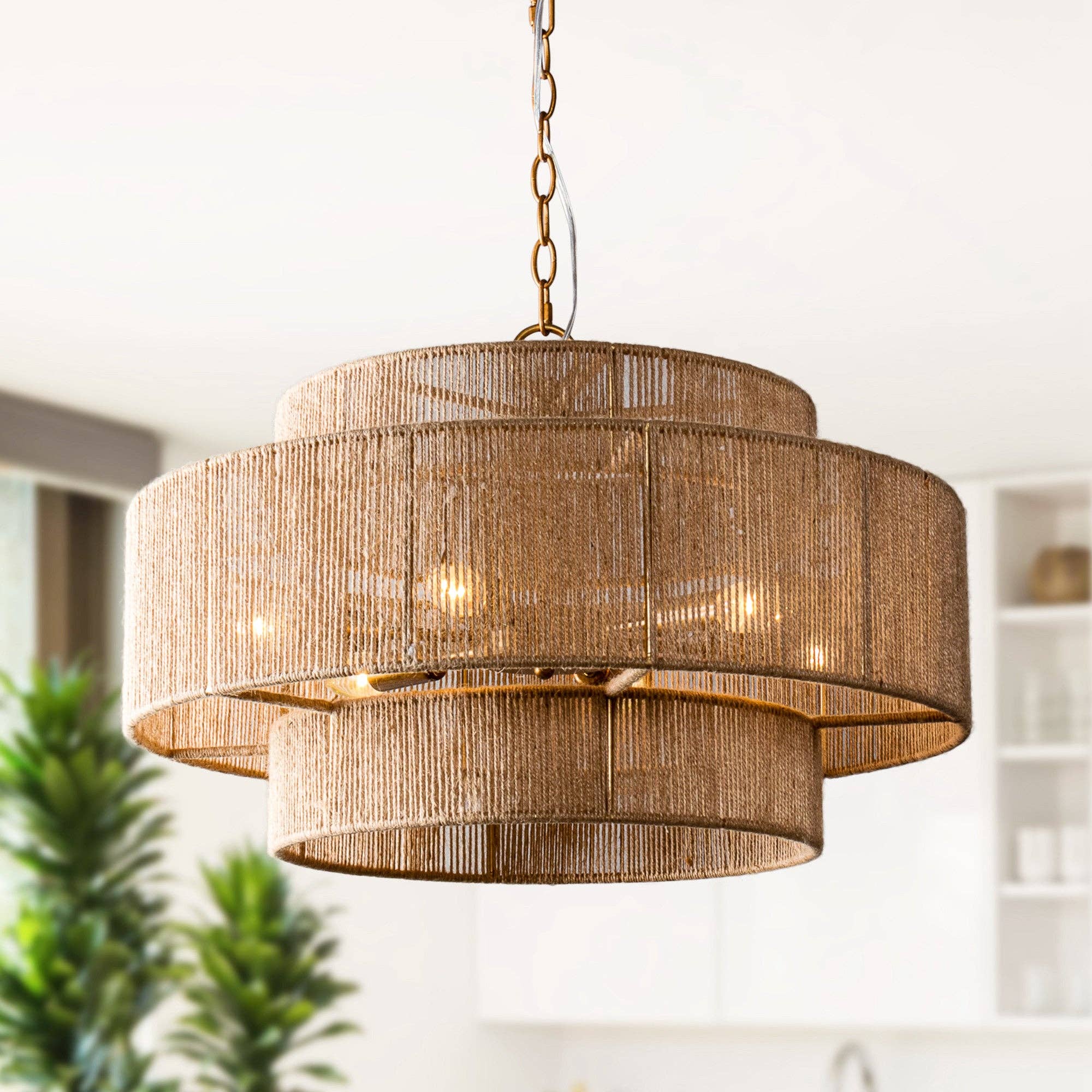 Brio Lighting - Wholesale Chandelier/Hanging Light - Farmhouse Chandelier 24" Gold Metal + Jute 2-Tiered 6-Light15