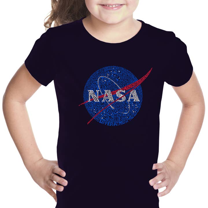 LA Pop Art – Großhandel T-Shirt mit Siebdruck – Kinder – Wortkunst-T-Shirt für Mädchen - Die bemerkenswertesten Missionen der NASA