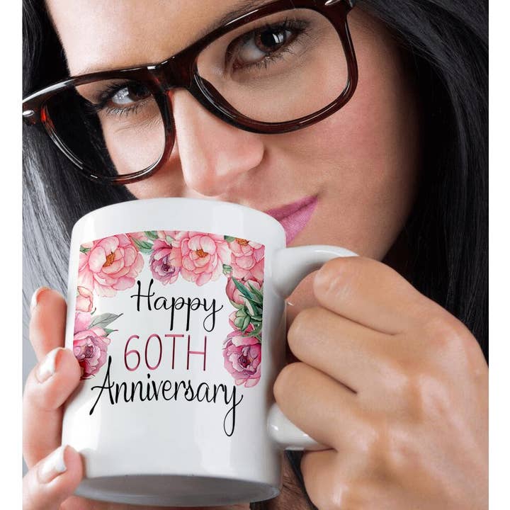 3dRose - Wholesale Coffee Mug - 3dRose, Happy 60th Anniversary Pretty Pink Peony Floral, Mug9