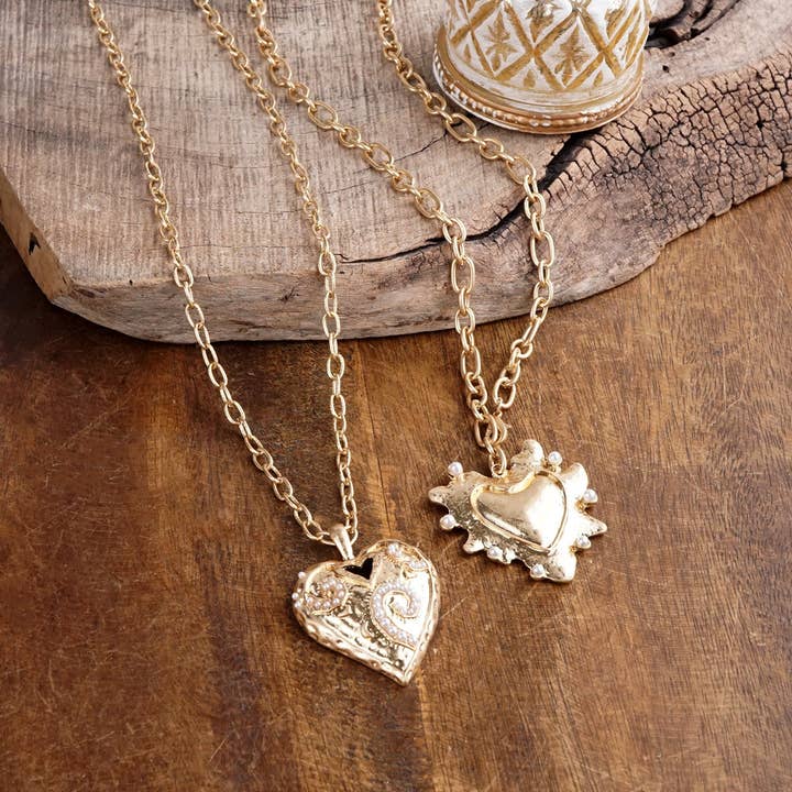 Heartbound Muse – Long Heart Necklace in Gold & Pearls for wholesale by PennyLine inc