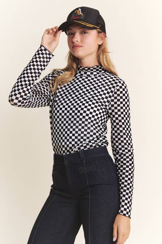 JADE BY JANE - Wholesale Knit Top - Women's - LONG SLEEVE CHECKERED MESH MOCK NECK TOP3