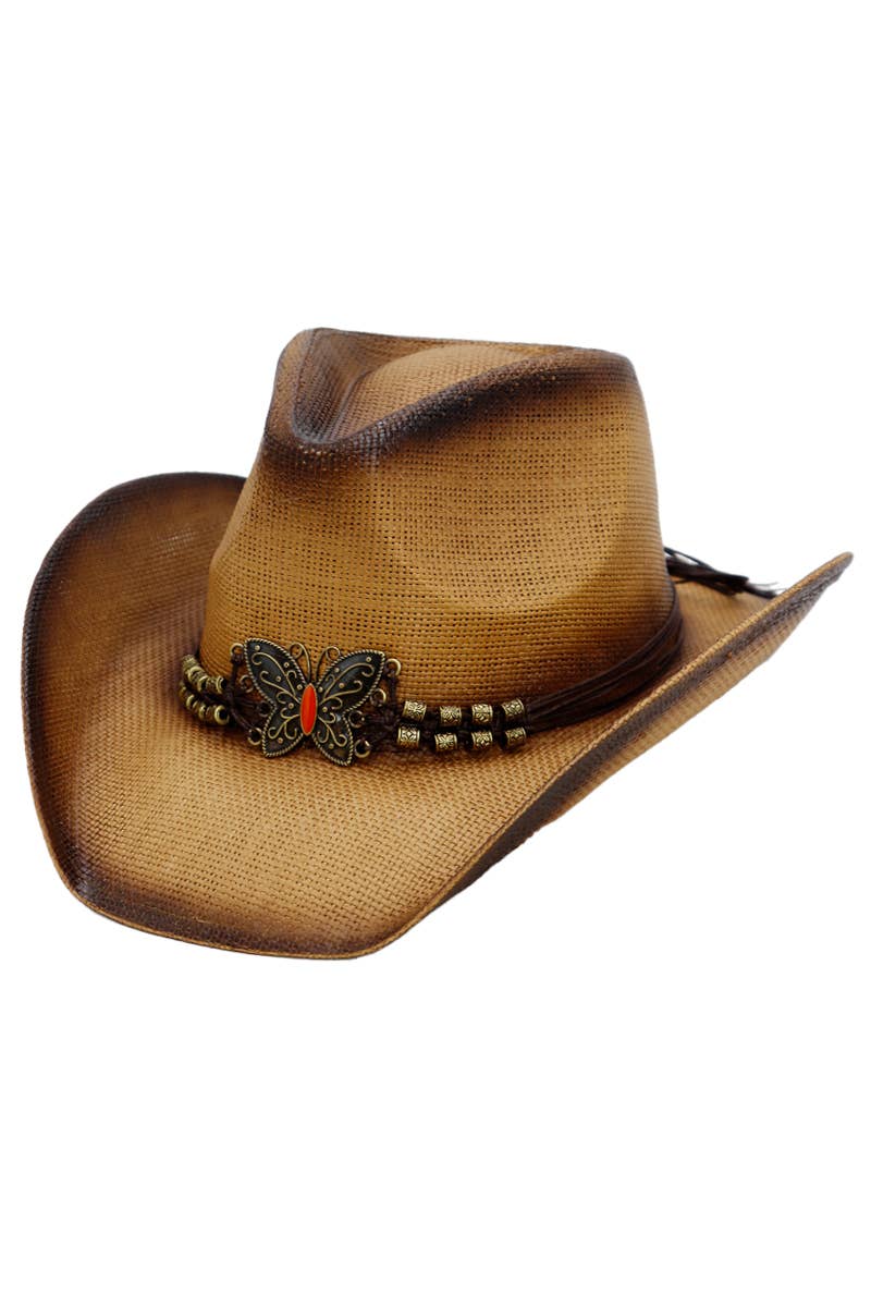 Cap Zone - Wholesale Cowboy Hat - Women's - Butterfly Emblem Waxed String Straw Cowboy Hat4