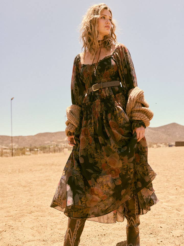 Floral-Print Smocked Bubble Sleeve Maxi Dress for wholesale by Promesa USA