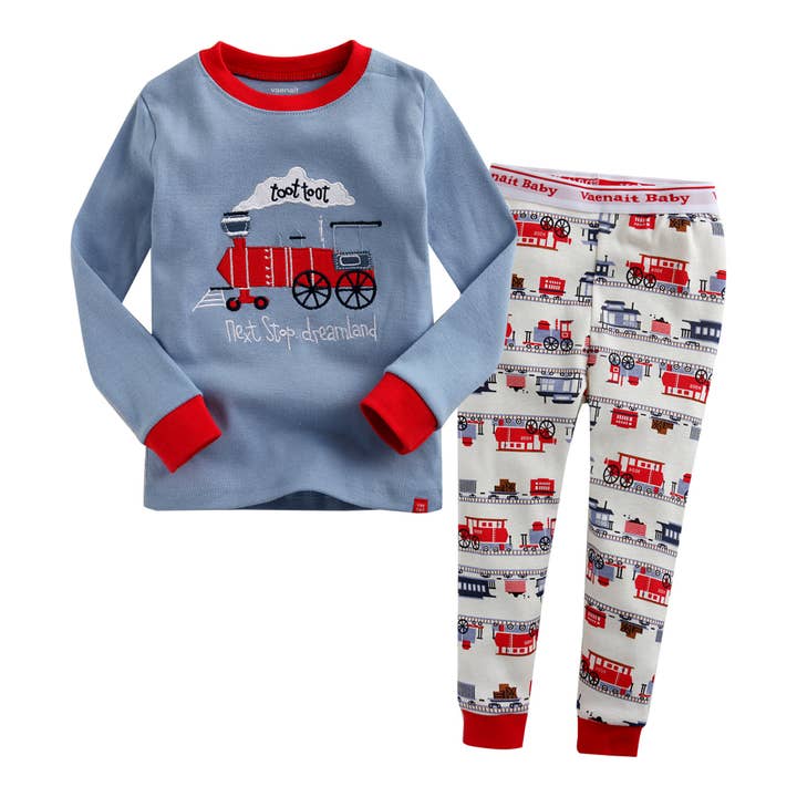 Kids Cotton Pajama Set – Long Sleeve, Toot Toot Train for wholesale by Vaenait Baby
