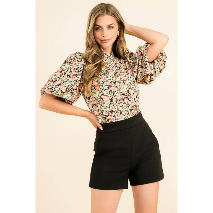 Black Floral Print Puff Sleeve High Neck Top with Short Slee for wholesale on Faire11