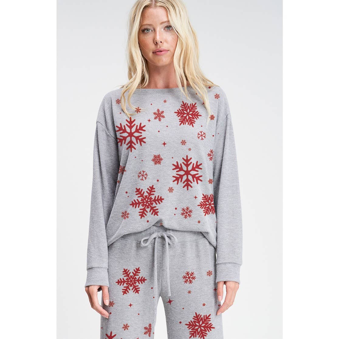 Phil Love - Vendita all'ingrosso Completo top e pantaloni (NON loungewear) - Donna - Set di abbigliamento da salotto in morbida spazzola Snowflake Allover9