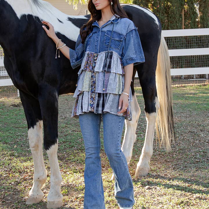 Young Threads - Wholesale Blouse - Women's - Front-Open Hooded Denim Shirt with Playful Mixed Ruffles
13