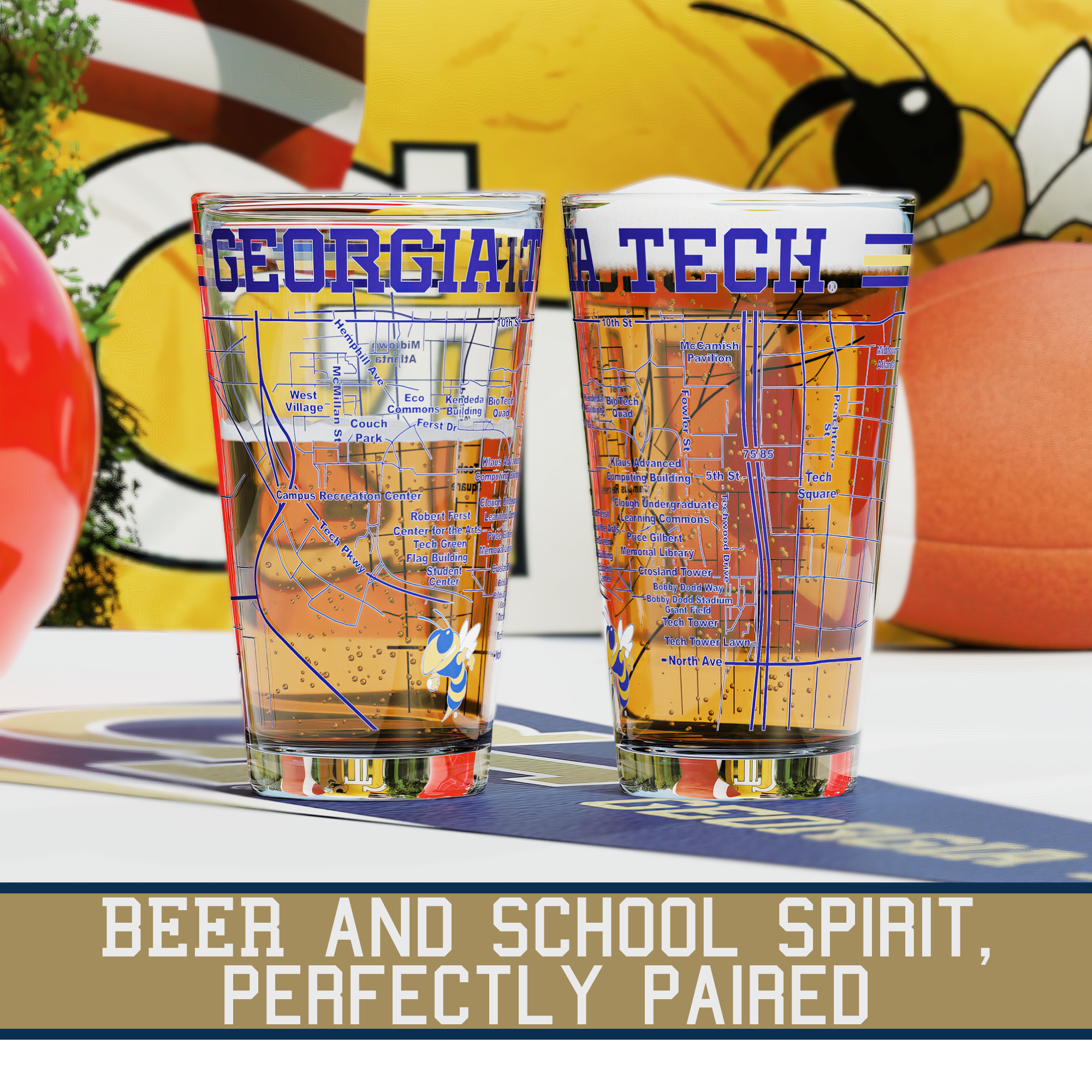 Greenline Goods - Vente Verre/chope à bière - Verres à bière de l'université Georgia Tech Yellow Jackets (ensemble de 2), 16 oz – Logo en couleur + Carte du campus3