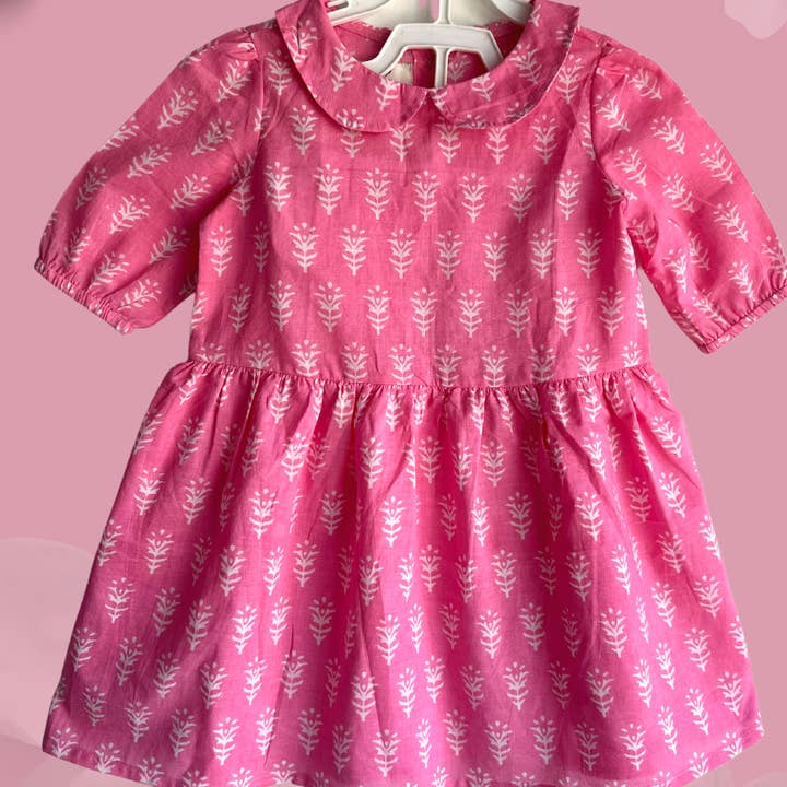Girls Peter Pan Collar Dress - 3/4 Sleeve Pink Block Print for wholesale by The Indian Bazaar