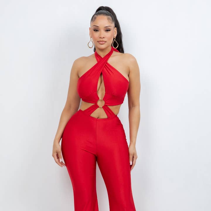 Combinaison halter en scuba « Ice » J8200 avec anneau O en métal pour la vente par Uptown Apparel